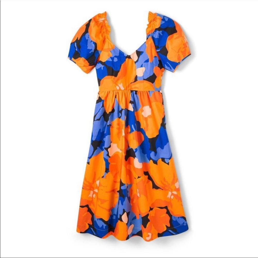 NWT Tabitha Brown x Target Floral Puff Sleeve Tie-Back Dress Orange/Blue 14